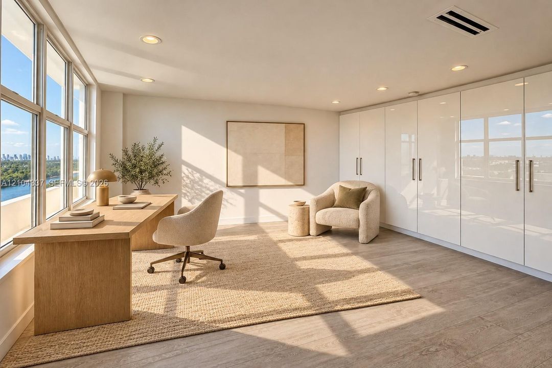Versatile Den / Guest Suite — Virtually staged to illustrate two possible uses of the space: a private home office or guest bedroom. Floor-to-ceiling sliding glass panels allow for an open or enclosed layout.