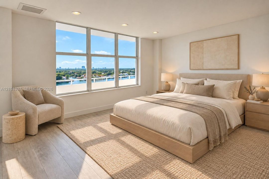 Versatile Den / Guest Suite — Virtually staged to illustrate two possible uses of the space: a private home office or guest bedroom. Floor-to-ceiling sliding glass panels allow for an open or enclosed layout.
