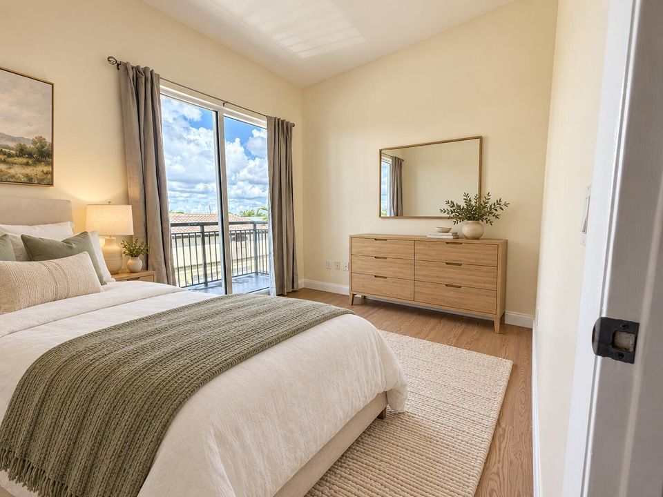 Bright sage-and-oak master bedroom-2