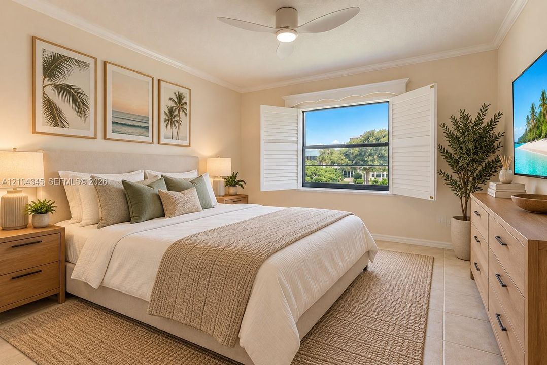 Light-filled room featuring crown molding, neutral wall finishes, plantation-style window shutters, and a central ceiling fan with integrated lighting