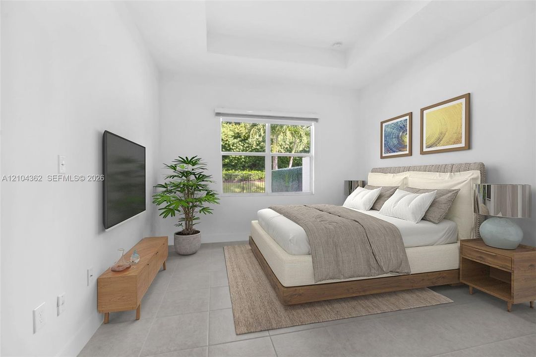 Tray ceiling, dual-pane window with black out blinds and zebra blinds.  Upgraded  wall insulation for energy efficiency and sound dampening through out the house.