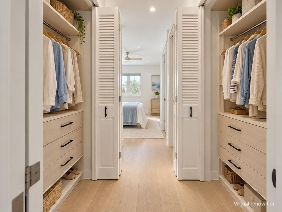 Modern walk-through closet with pale oak