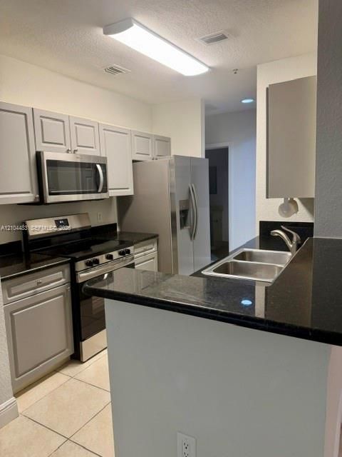 Kitchen featuring stainless steel appliances, dark stone countertops, light gray cabinetry, and a double basin sink
