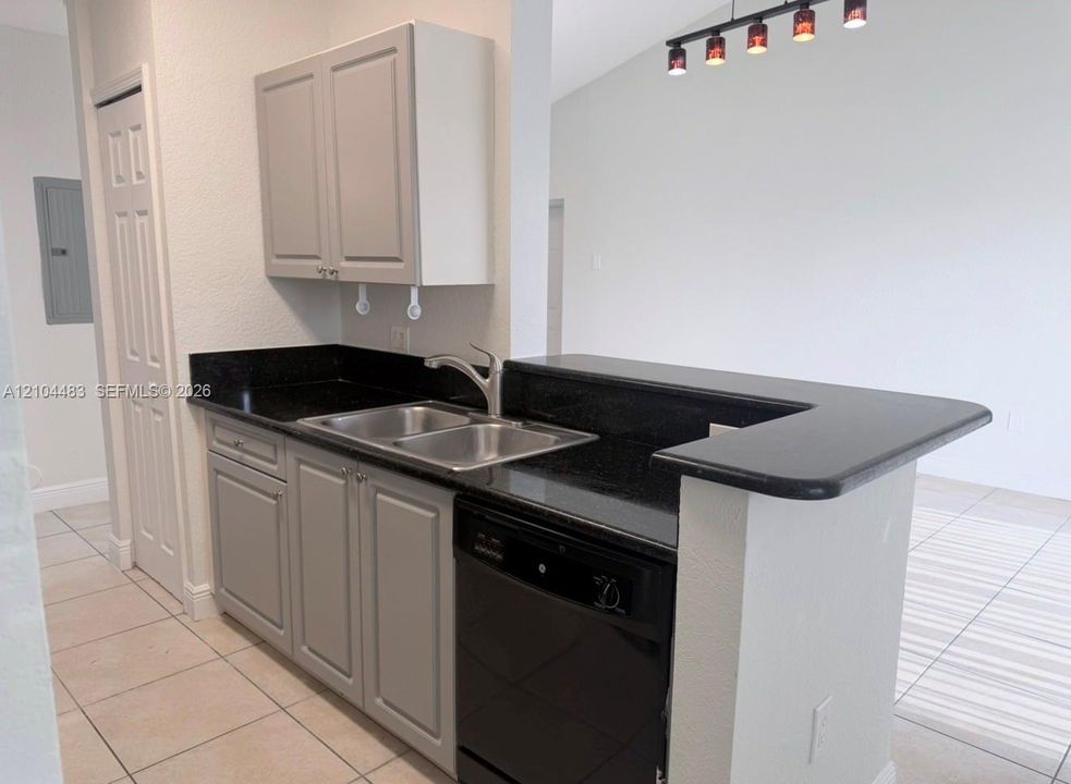 Kitchen featuring gray cabinetry, a double basin stainless steel sink, black countertops, and a built-in dishwasher