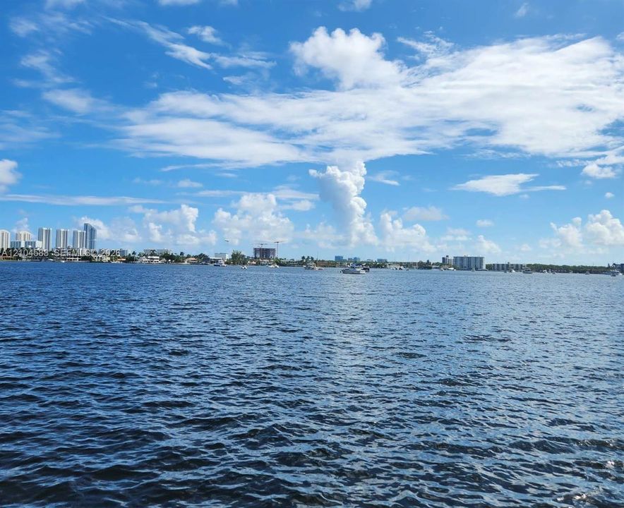 Waterfront setting featuring expansive open water, nautical activity, and a distant skyline backdrop