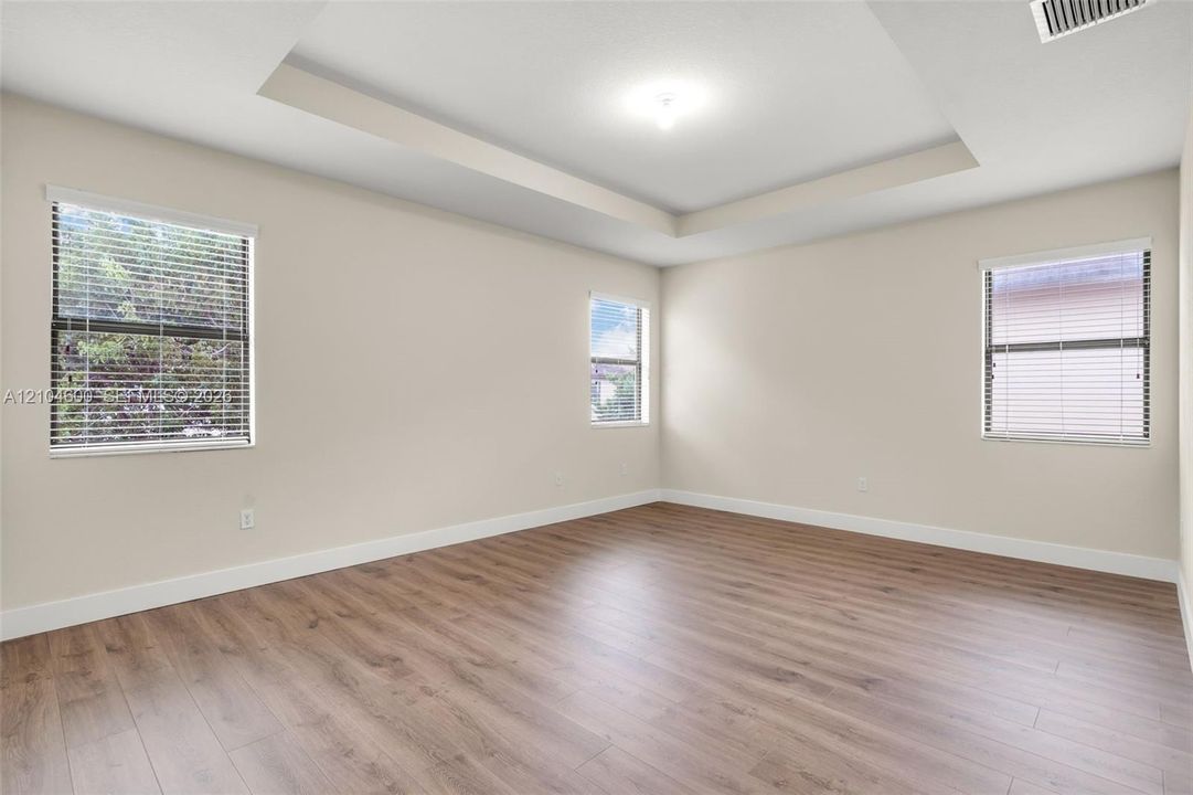 Tray ceiling, wood-finish flooring, and multiple windows providing natural light