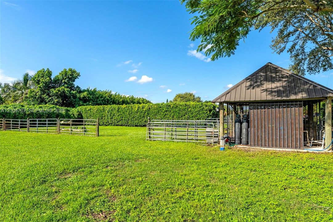 Expansive pasture featuring metal perimeter fencing, a covered storage structure with a metal roof, and established perimeter hedging