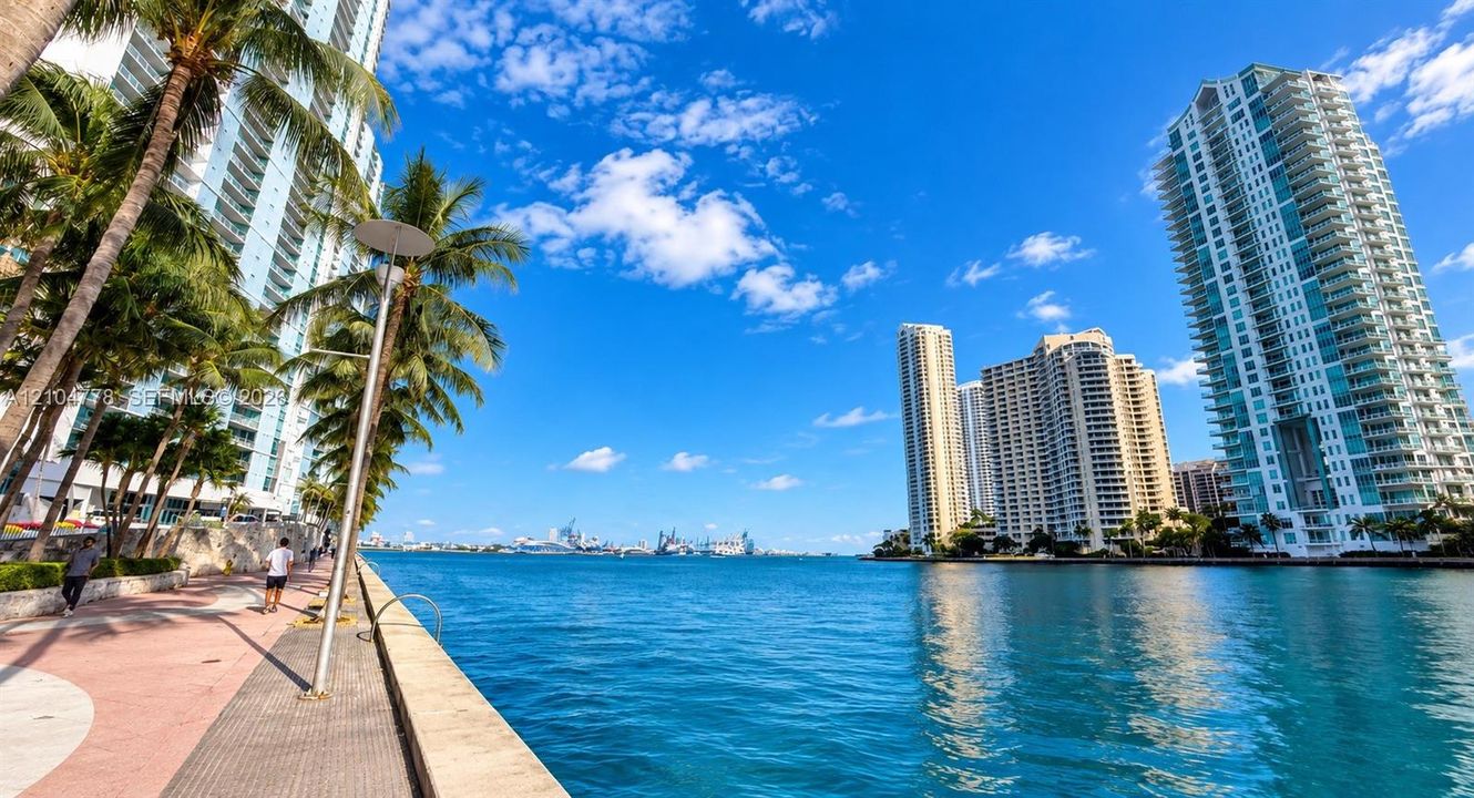 Waterfront property featuring multiple high-rise buildings, an adjacent pedestrian walkway, and established palm trees