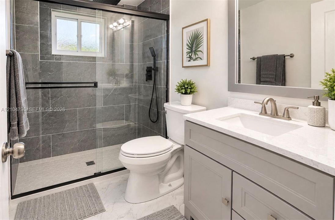 Walk-in shower with floor-to-ceiling tile, sliding glass door, and matte black hardware