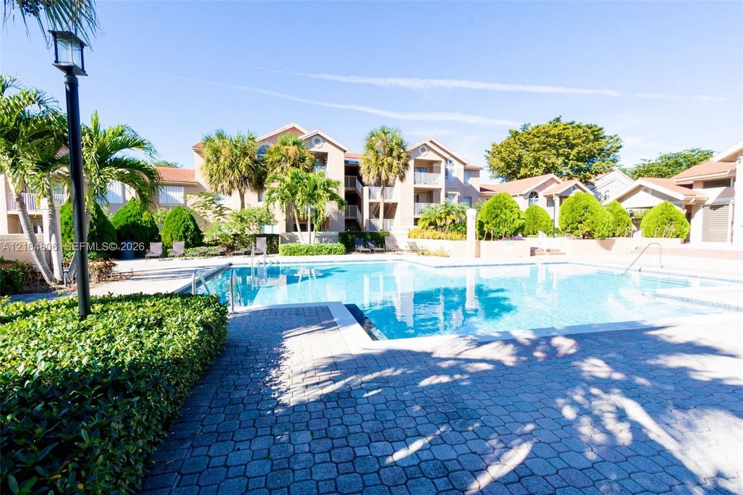 Expansive swimming pool with a paved deck, surrounded by mature landscaping, palm trees, and residential buildings