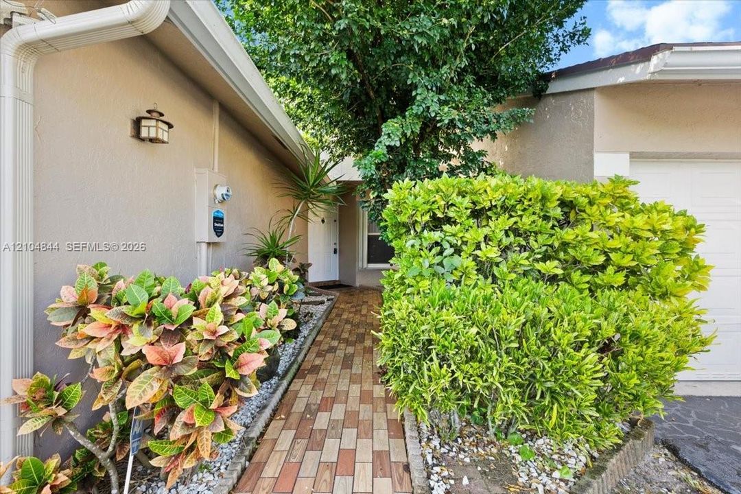 Entryway featuring a paver walkway, mature landscaping, stucco exterior, and wall-mounted exterior lighting