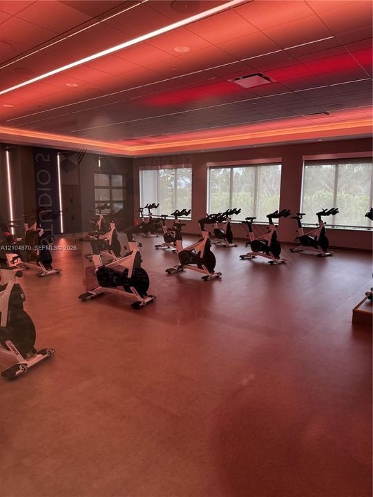 Fitness center featuring large-format windows, recessed ceiling lighting, and smooth-finish flooring