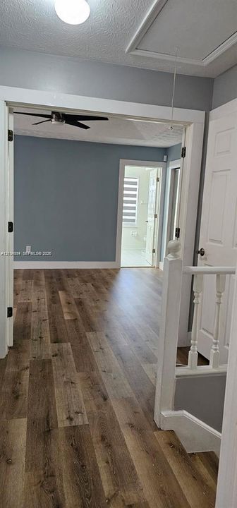 Wood-finish flooring throughout, light blue wall paint, white trim, and a ceiling fan