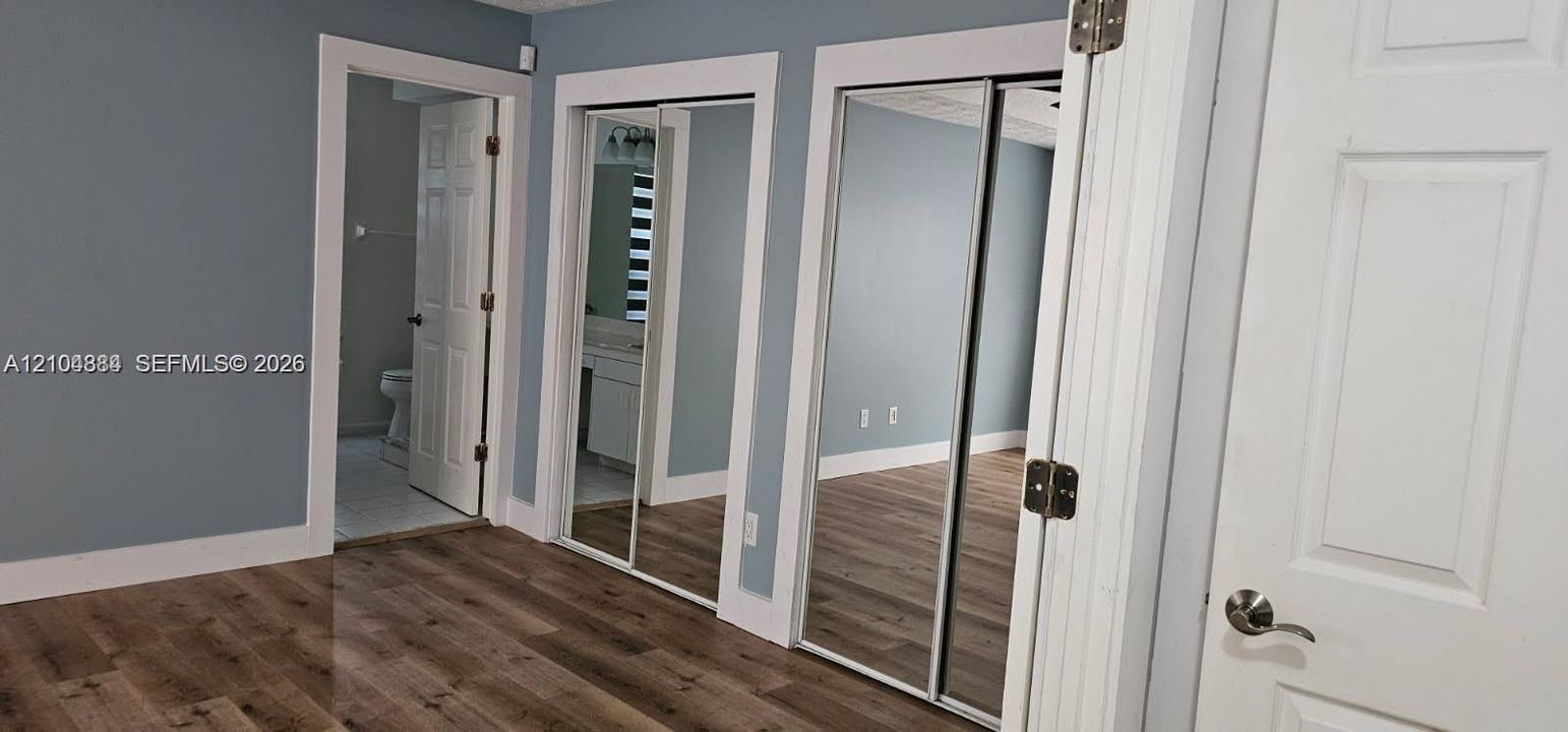 Wood-finish flooring, light blue wall paint, white trim, mirrored closet doors, and a paneled interior door