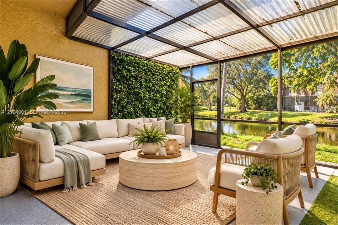 Screened-in patio featuring a corrugated translucent roof, a vertical garden wall, and concrete flooring