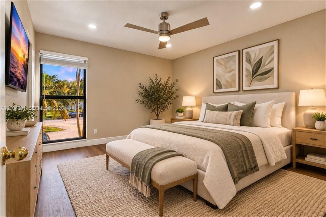 Neutral interior featuring wood-finish flooring, recessed lighting, a modern ceiling fan, and a vertical window