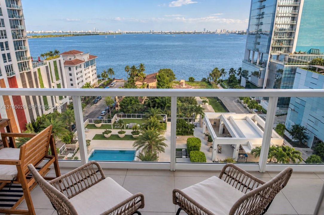 Terrace featuring white metal and glass railings overlooking the bay, pool, and surrounding urban landscape