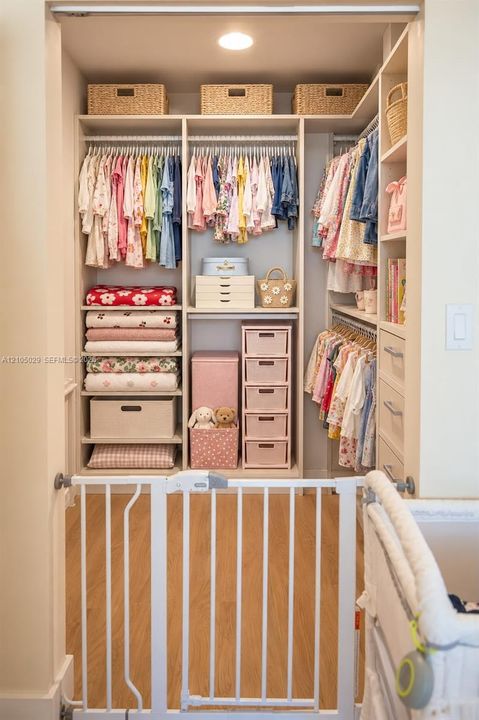 Walk-in closet featuring custom built-in shelving, multi-tier garment rods, stacked storage drawers, and wood-finish flooring
