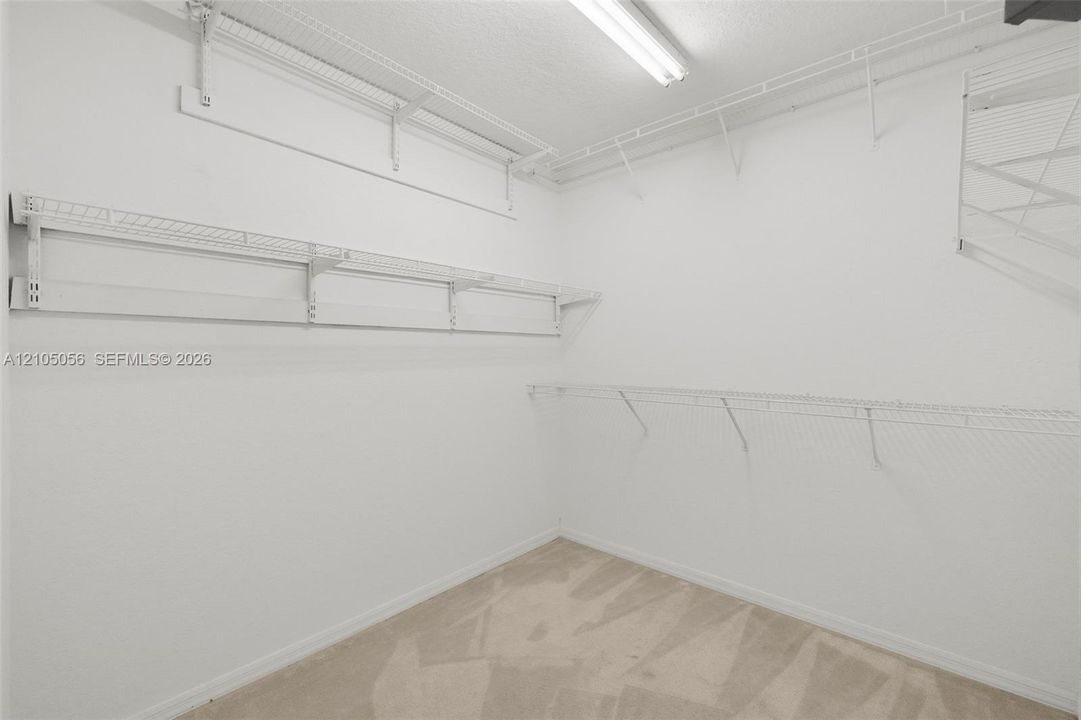 Storage area featuring wall-mounted wire shelving, neutral carpeted flooring, and linear overhead lighting