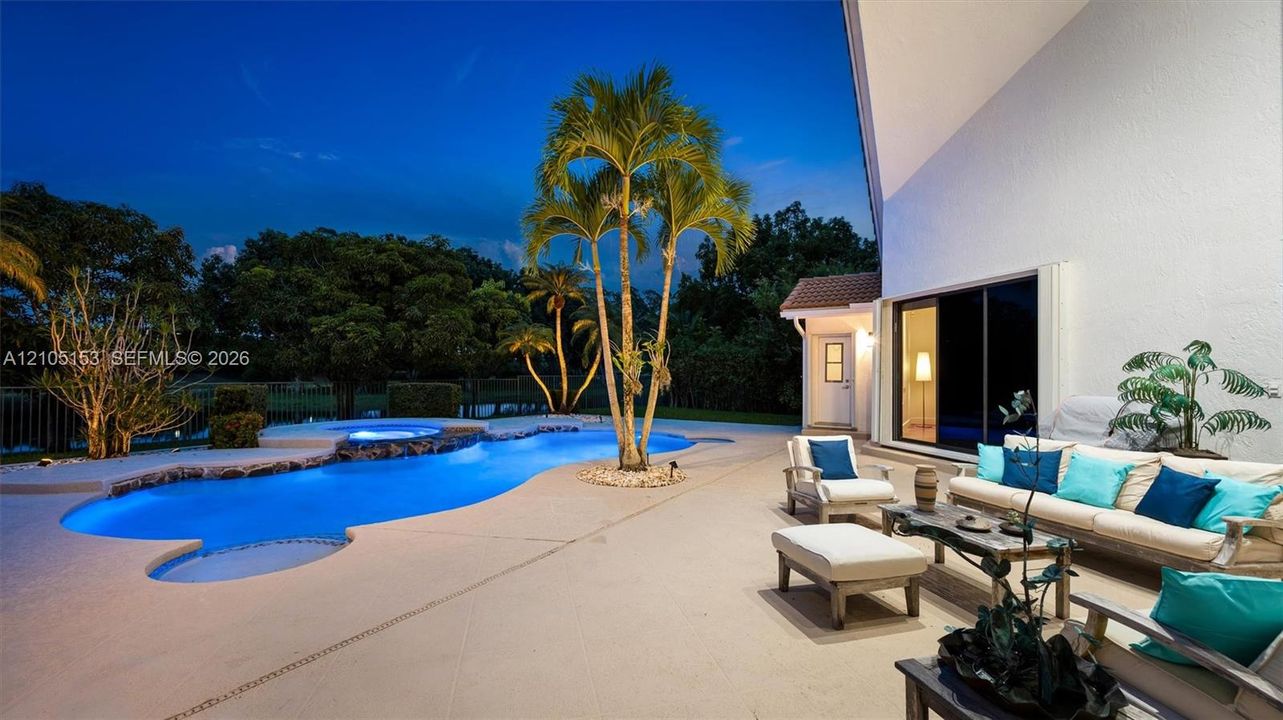 Expansive patio with a resort-style pool, integrated spa, and mature palm trees
