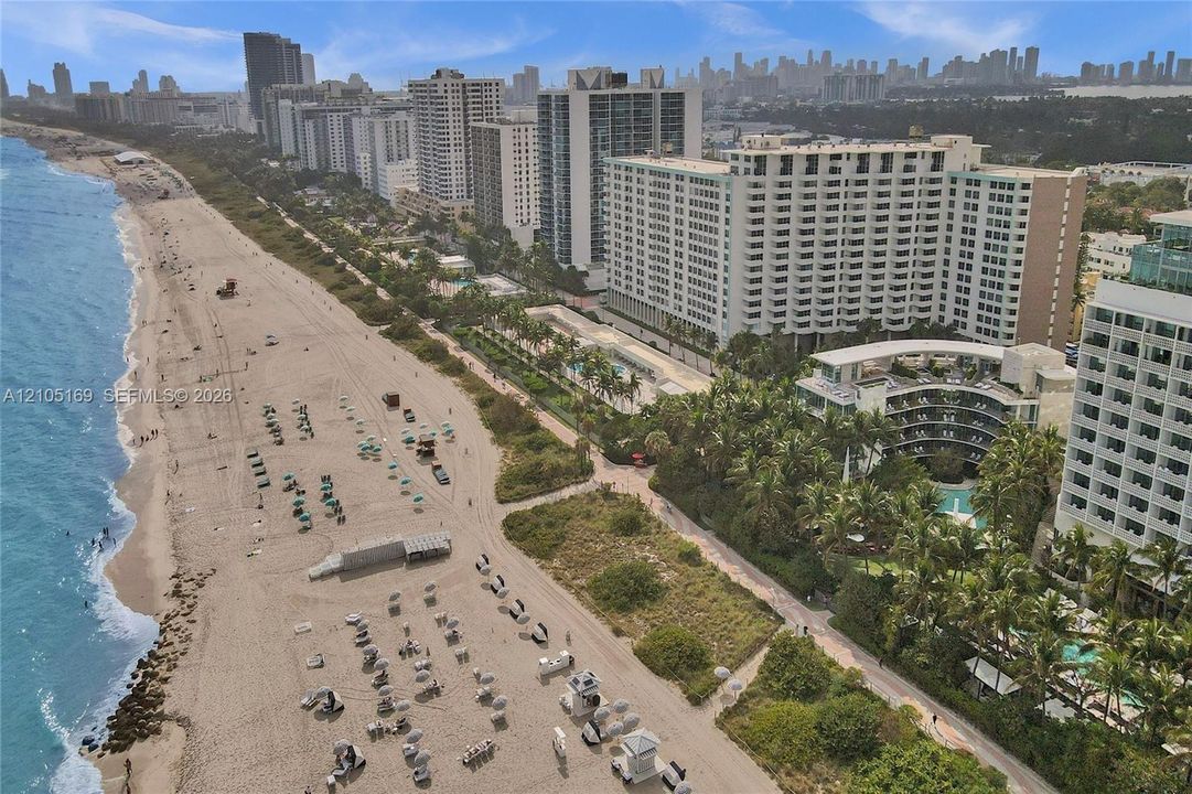 Expansive sandy beach with turquoise ocean, bordered by palm trees and high-rise buildings