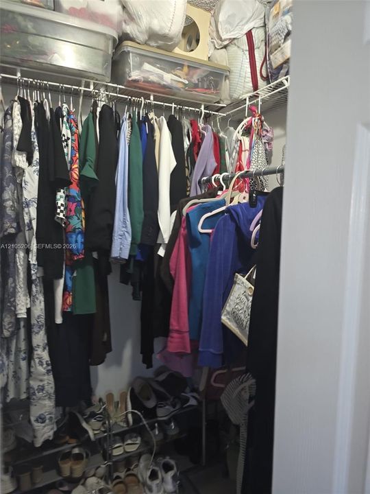 Walk-in closet featuring wire shelving and a tiered metal storage rack