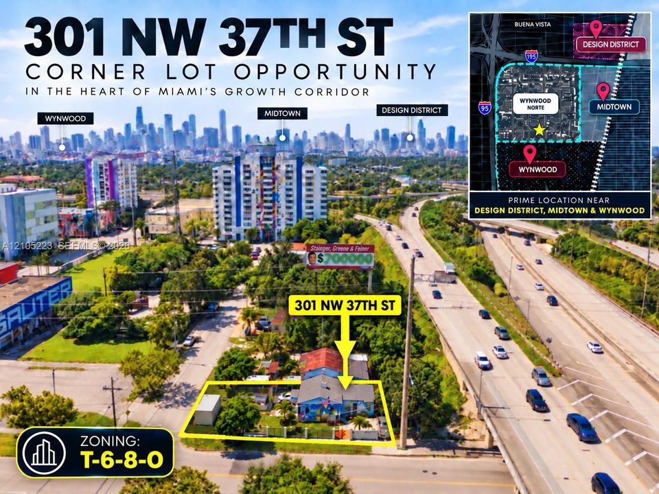 Corner lot property featuring T-6-8-O zoning, mature trees, and metal fencing