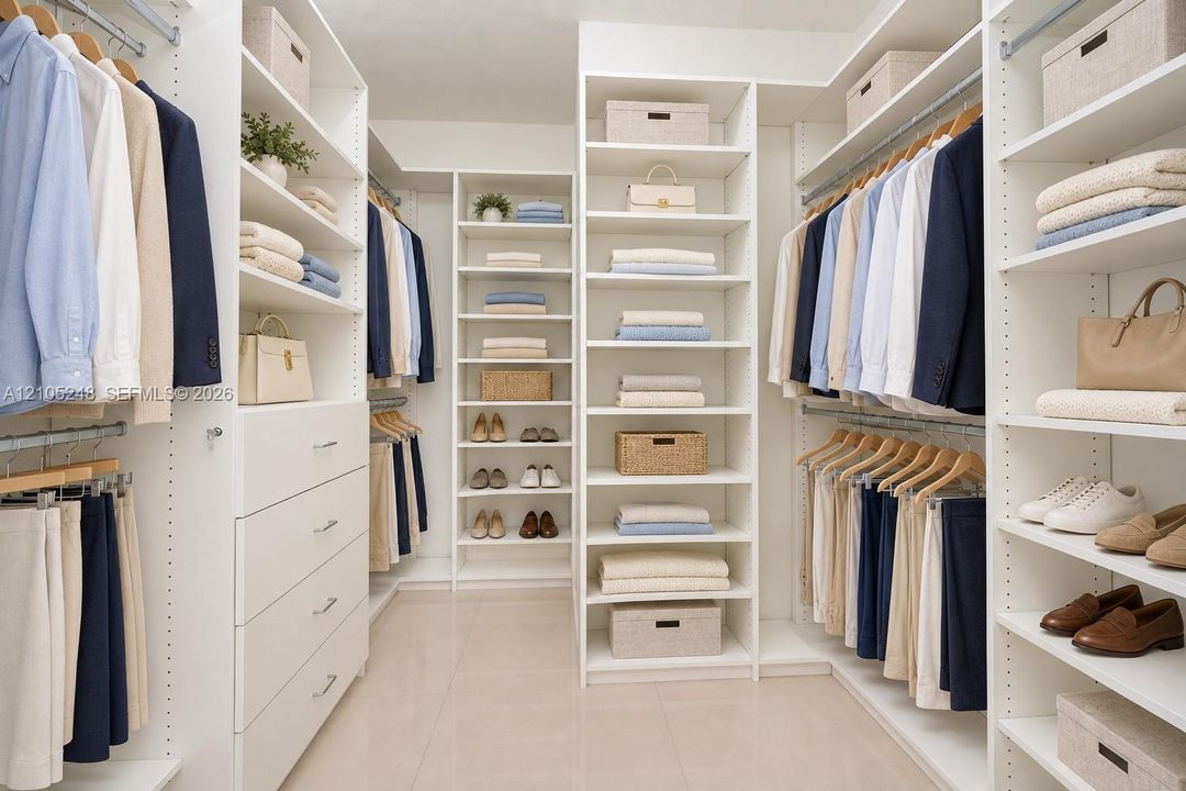 Custom closet system featuring multiple hanging rods, built-in shelving, integrated drawers, and dedicated shoe storage-Virtually Staged