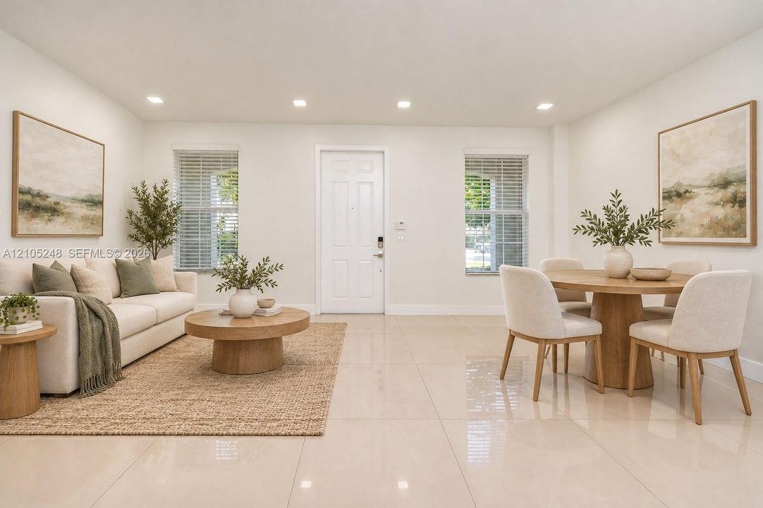 Recessed lighting, large format floor tiles, paneled entry door, and multiple windows with blinds -Virtually Staged
