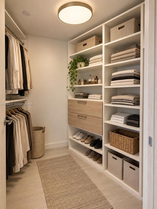 Walk-in closet featuring custom built-in white shelving, integrated wood-finish drawers, dual-level hanging rods, and a circular flush-mount ceiling fixture