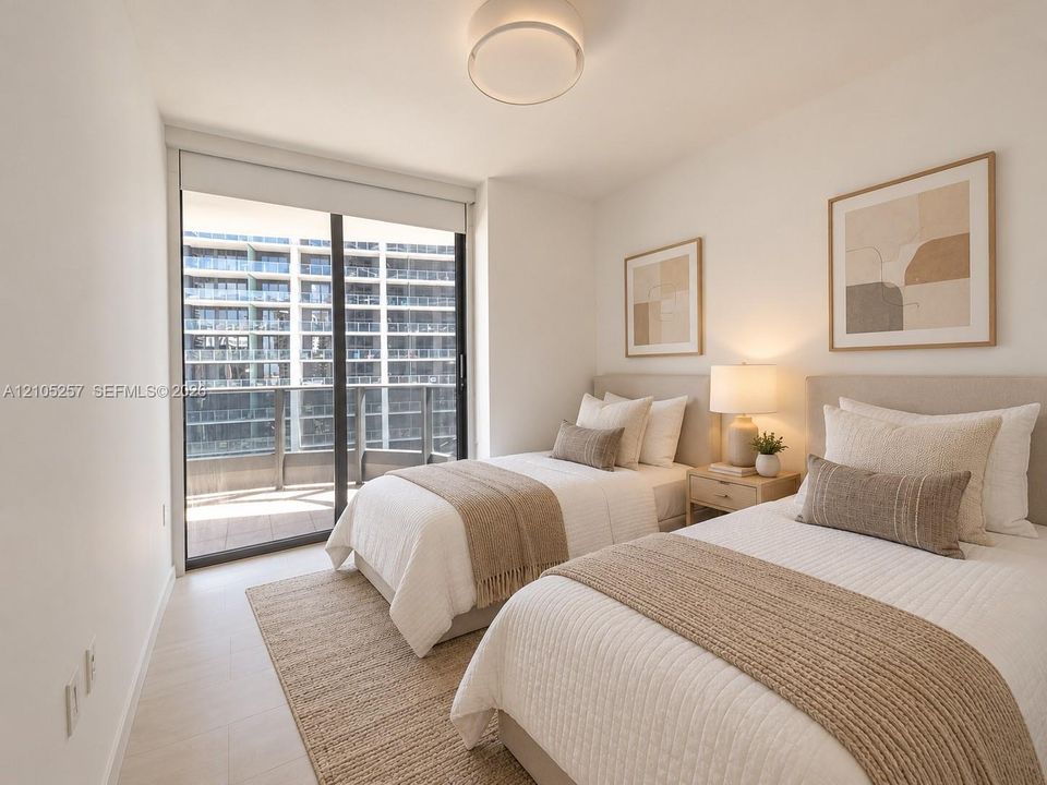 Floor-to-ceiling sliding glass door, private balcony, neutral-toned interior walls, wood-finish flooring, and minimalist ceiling-mounted light fixture