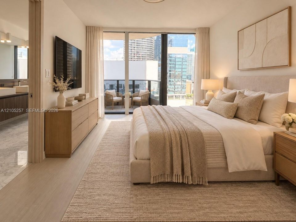 Floor-to-ceiling glass sliding doors opening to a private balcony, light-toned wood-finish flooring, and recessed ceiling lighting