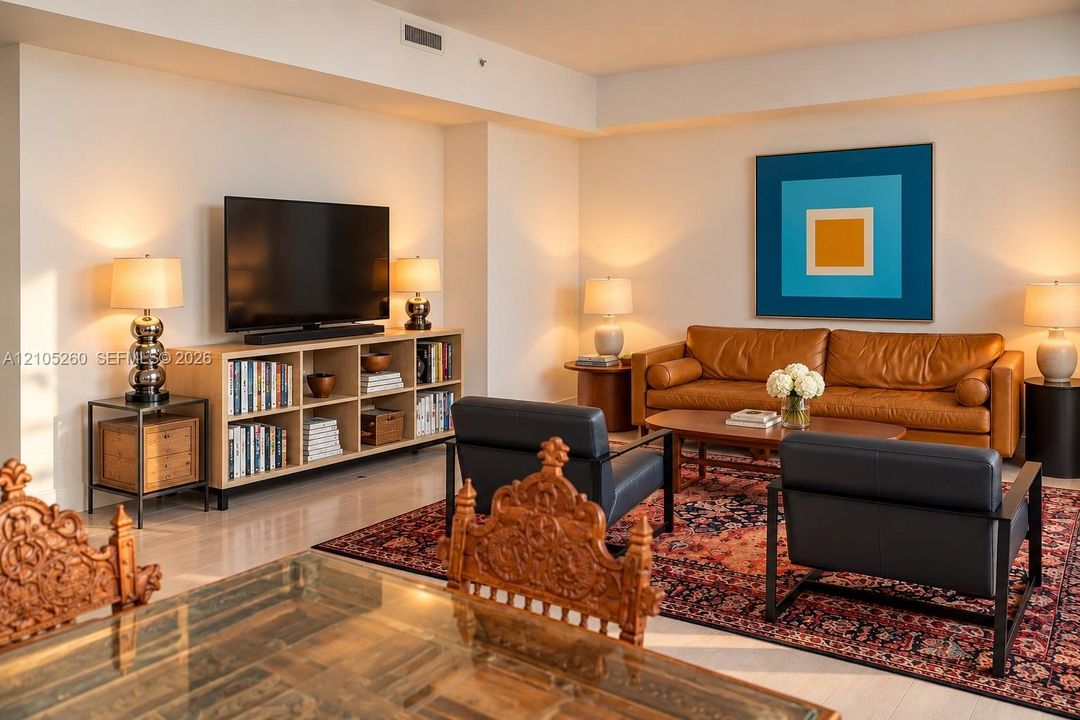 Open-concept interior featuring light-toned flooring, high ceilings with recessed lighting, and built-in shelving unit