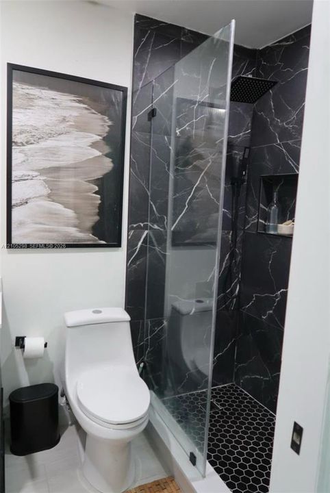 Shower with black marble-look tile walls, black hexagonal floor tiles, and a rainfall showerhead