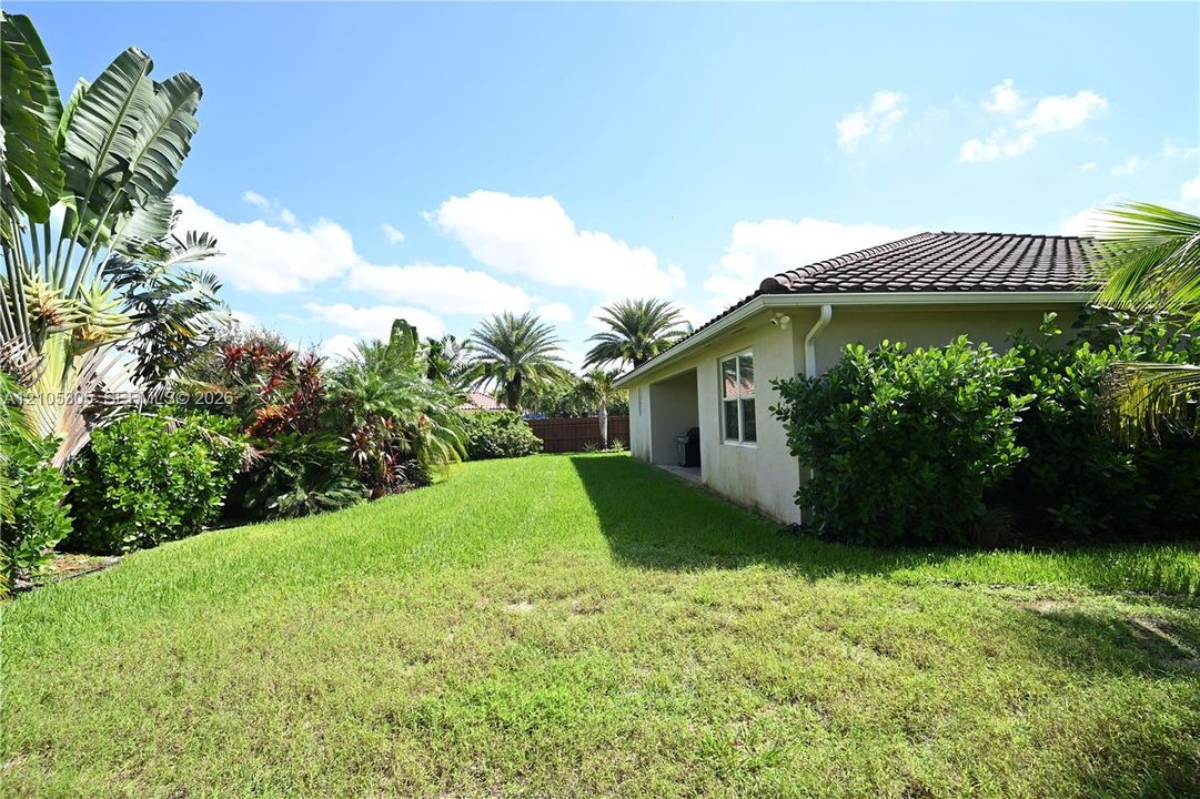 Expansive grassy yard with mature tropical landscaping and established shrubs