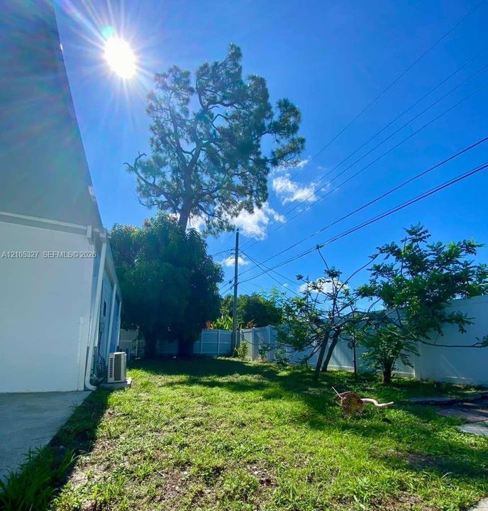 Grassed yard area featuring mature trees and partial fencing