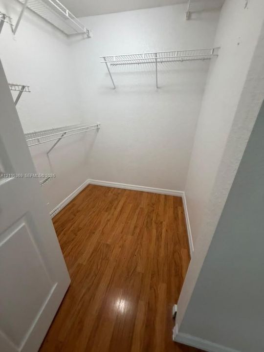 Walk-in closet featuring wood-finish flooring and integrated wire shelving
