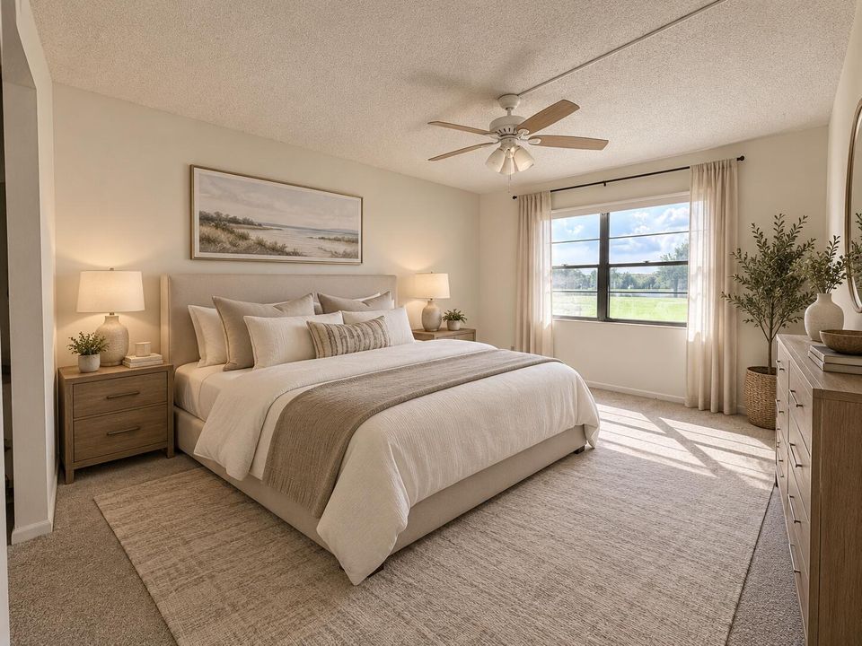 Primary bedroom staged with AI