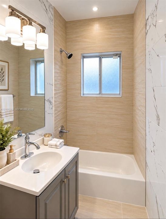 Full vanity with integrated sink, chrome faucet, and storage cabinetry