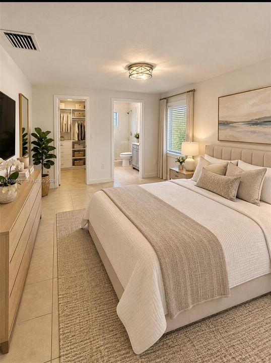 Tile flooring, flush mount ceiling lighting, walk-in closet with built-in organization, and window with blinds