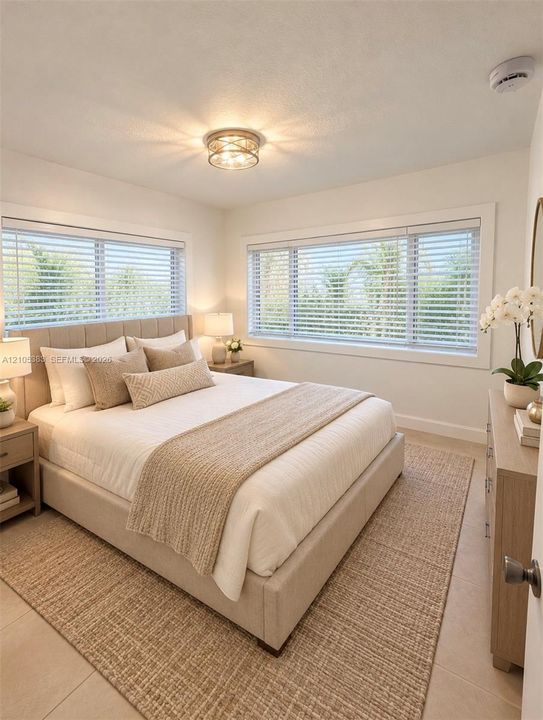 Spacious room featuring multiple windows with blinds, a flush mount ceiling light fixture, and tile flooring staging virtual
