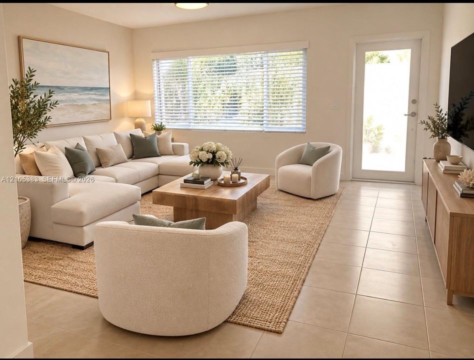 Light-toned tiled flooring throughout, a large window with horizontal blinds, and a glass-paneled door provide ample light staging virtual