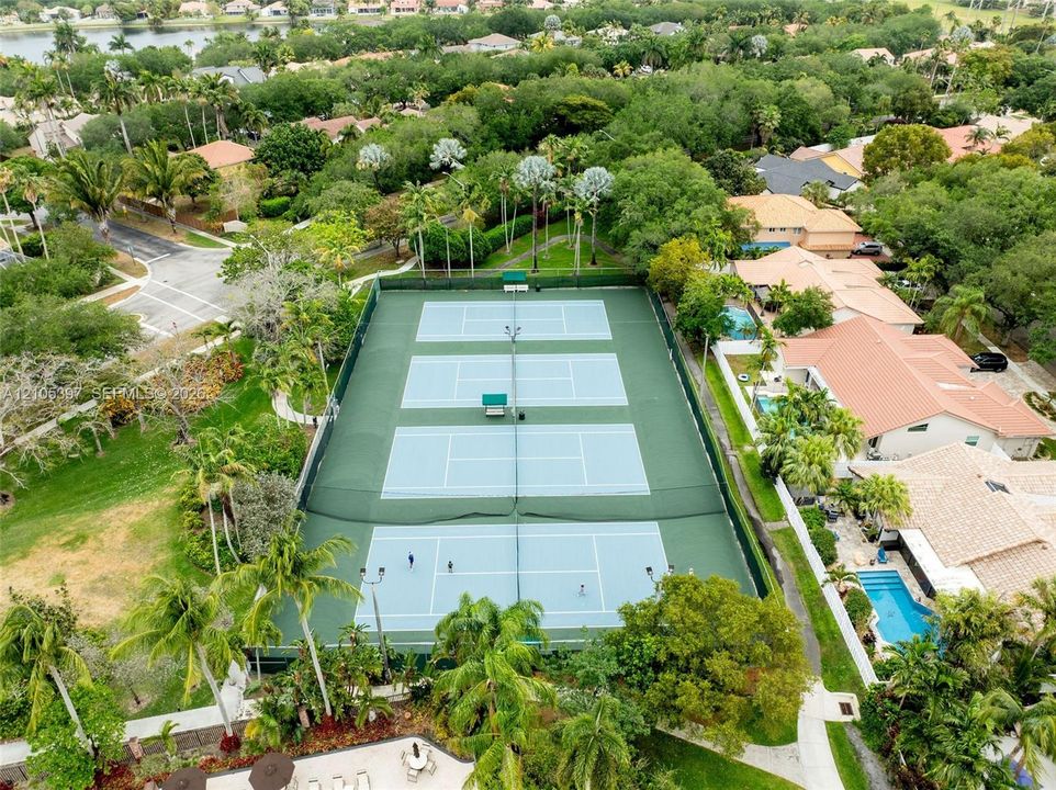 Fenced tennis court with high-mast lighting and perimeter screening