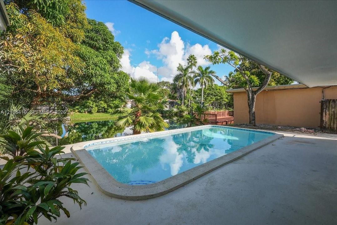 In-ground pool with concrete surround, covered patio space, and mature tropical landscaping set against a water feature
