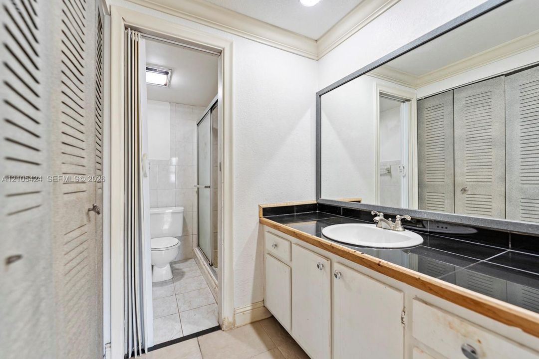 Vanity with a drop-in sink, dark tile countertop, and a large wall-mounted mirror