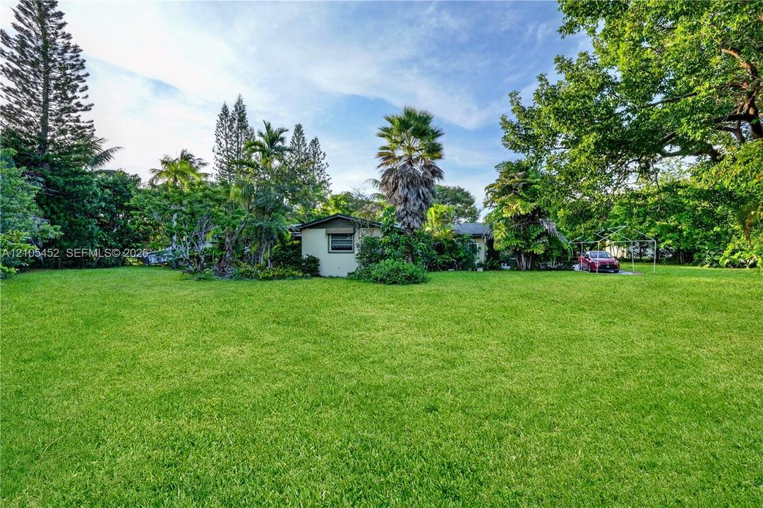 Expansive lawn featuring mature trees, diverse tropical landscaping, and a detached carport structure