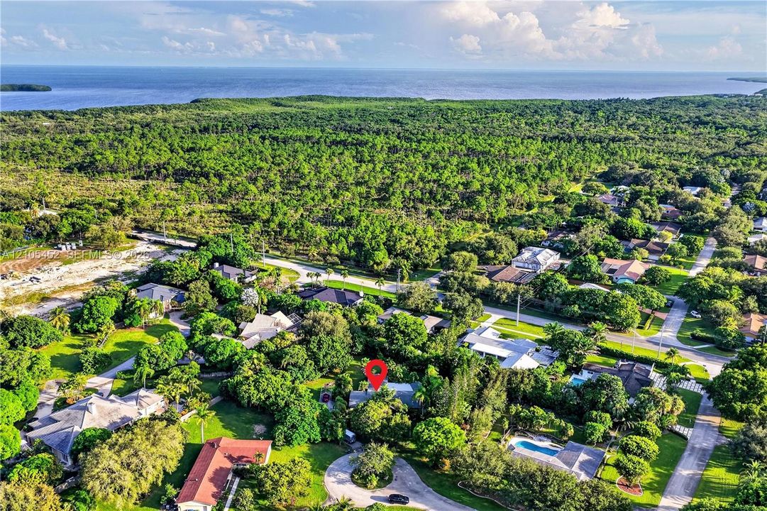 Aerial perspective featuring expansive coastal scenery, dense mature vegetation, and a residential cul-de-sac setting