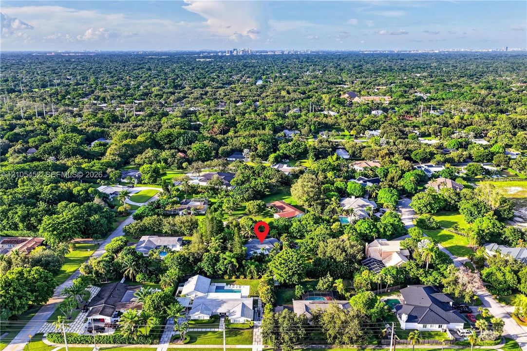 Aerial perspective of a heavily wooded lot featuring mature landscape canopy and extensive vegetation coverage