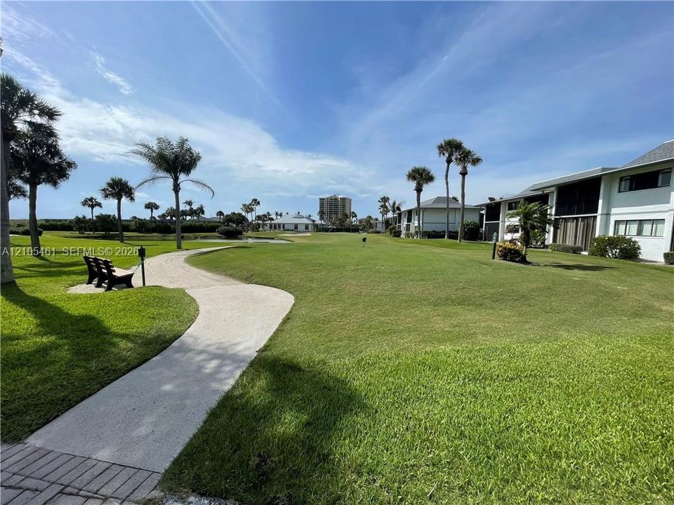 Expansive green space featuring a winding paved path, mature palm trees, and established landscaping