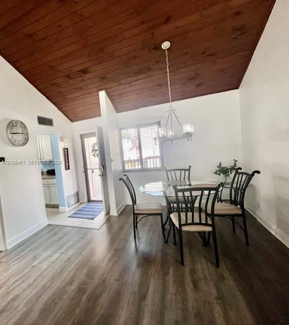 Vaulted wood-paneled ceiling with a central chandelier, wood-finish flooring, and white painted walls